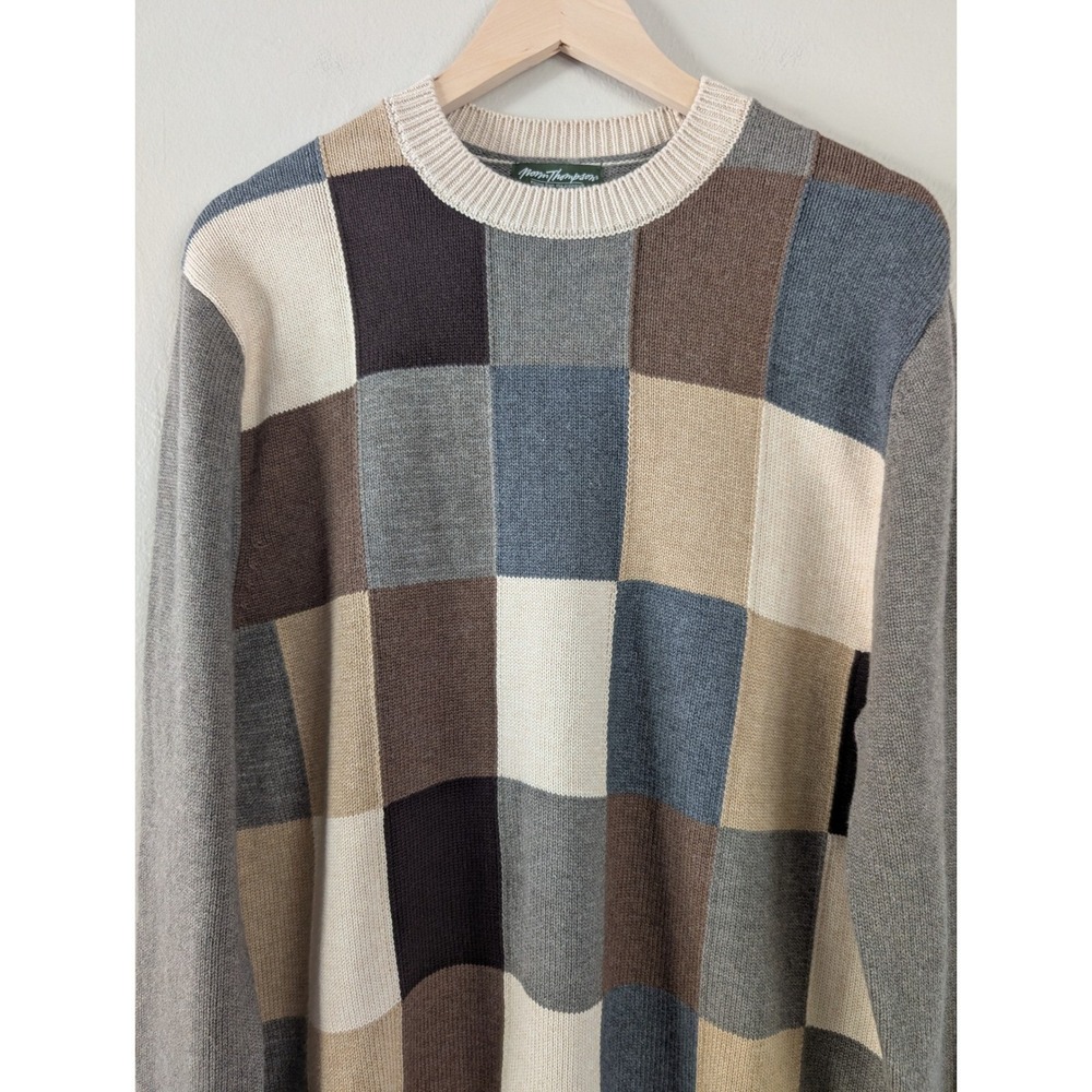VTG Norm Thompson Men Patchwork Crewneck Sweater L Cotton Cashmere Blend Checker